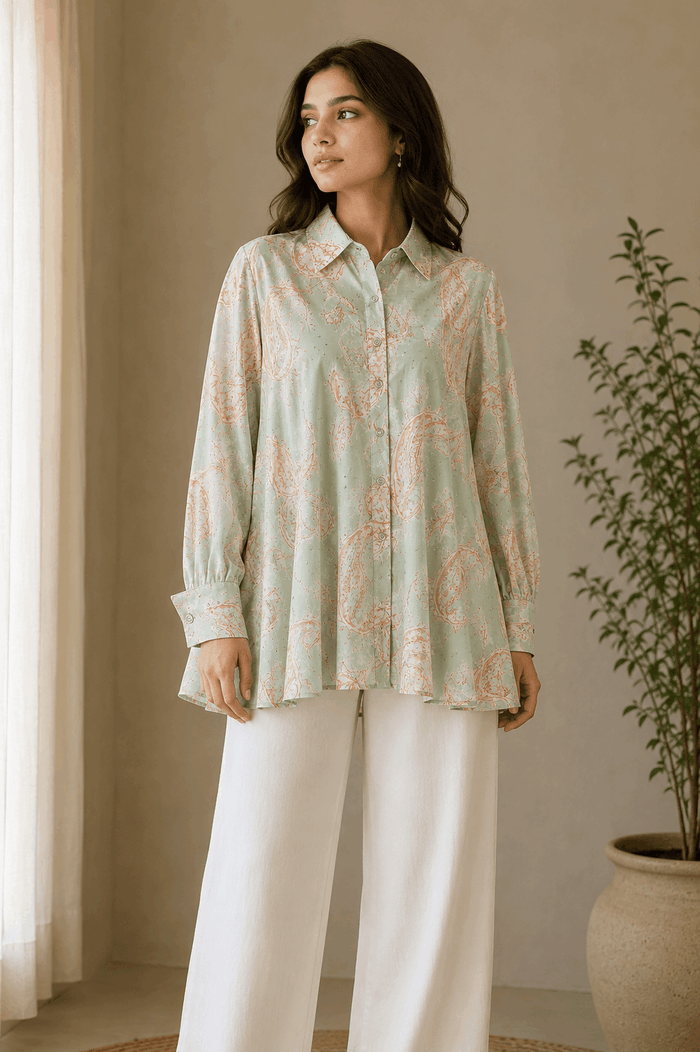Sage Green Paisley Printed Button-Down Tunic - Nishat Creative Store