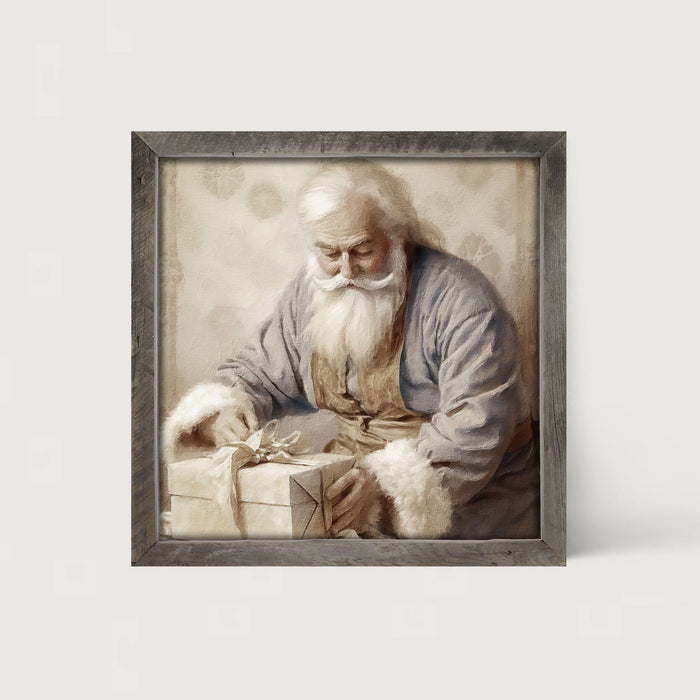 Santa wrapping a present