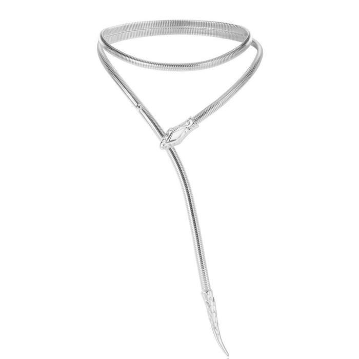 Sahira Jewelry Design serpent chain necklace featuring a sleek, twisted metal design polished to a shine.