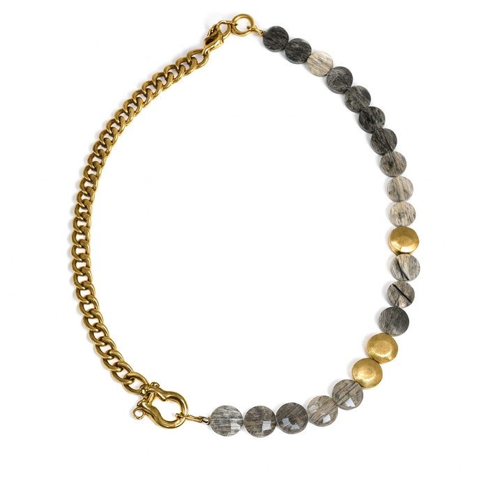 Limited edition Rachel Nathan shackle single necklace featuring rutilated quartz, 17 inches long.