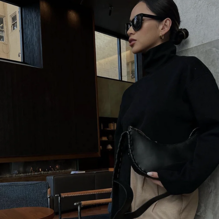Jules Kae Shay Mini Crossbody handbag in black leather with adjustable strap and gold hardware, compact and stylish accessory