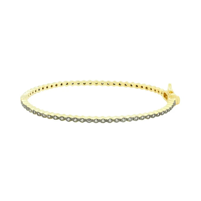 Gold and black Freida Rothman Signature Bezel Pavé Hinge Bangle bracelet with intricate pave detailing.