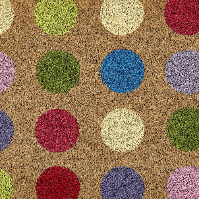 Spots Coir Doormat made from natural coconut husk fibres, featuring a multi coloured spot design.