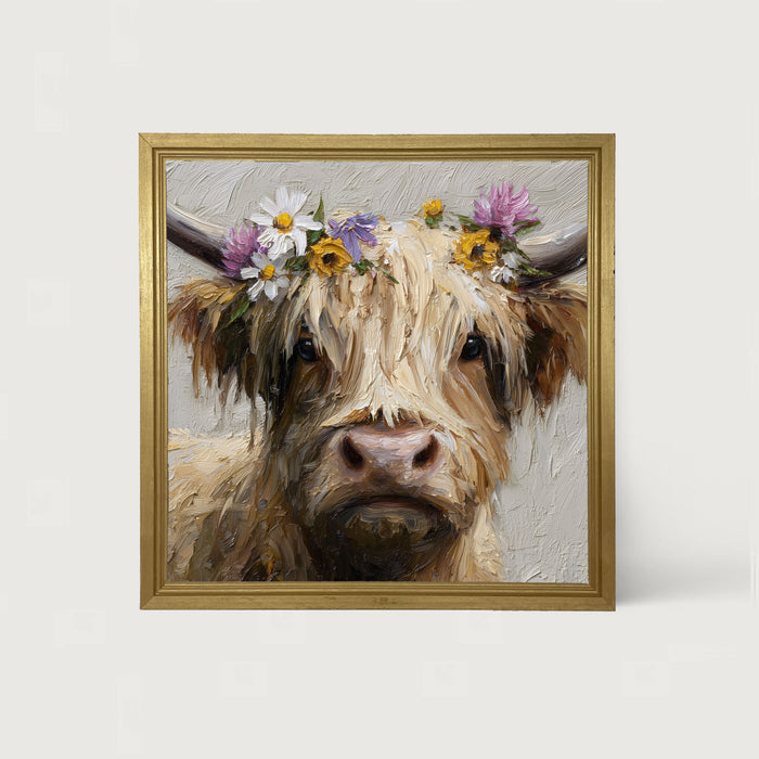 Spring Season Cow with Flowers in Hair - Framed Art