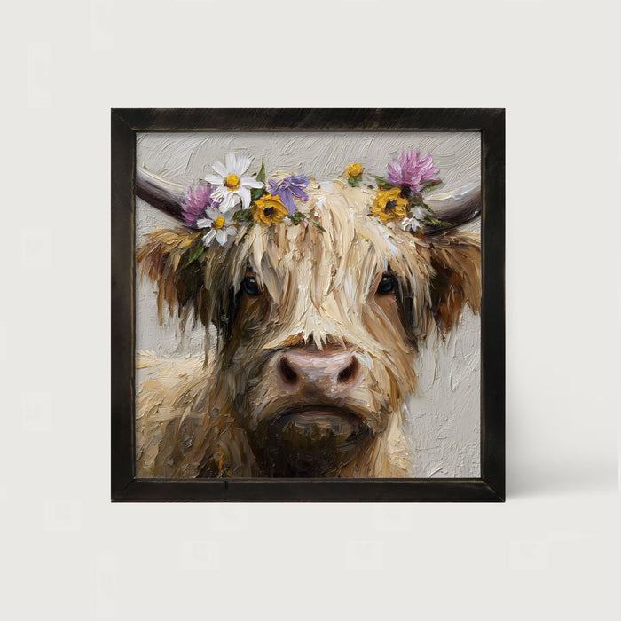 Spring Season Cow with Flowers in Hair - Framed Art