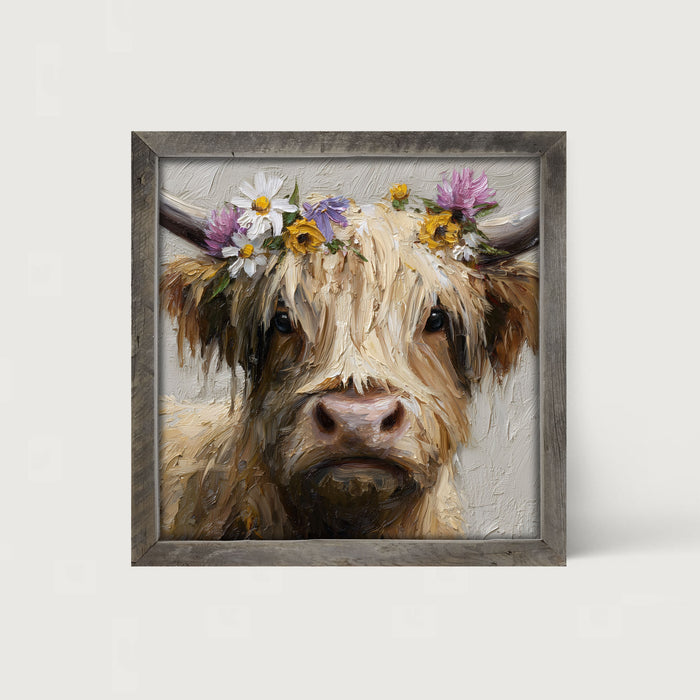 Spring Season Cow with Flowers in Hair - Framed Art