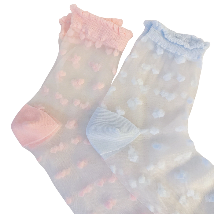 Ellison + Young Sweet Hearts sheer socks set with heart and bow motifs, featuring lightweight, transparent material.