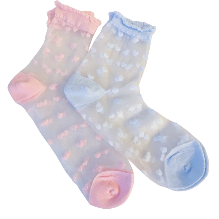 Ellison + Young Sweet Hearts sheer socks set of 2 with heart and bow charm details, featuring transparent and patterned designs.