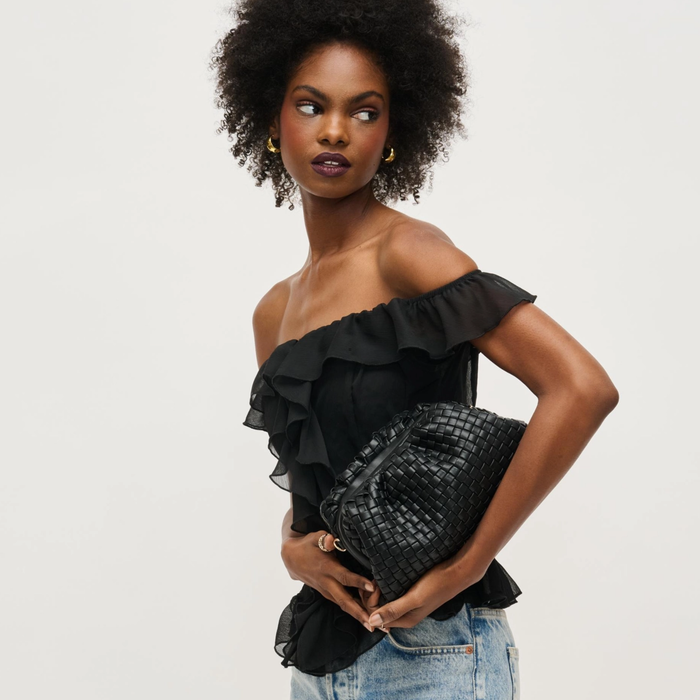 Black woven frame clutch by Urban Expressions with rhinestone accents, featuring a sleek, stylish design for evening or formal occasions.