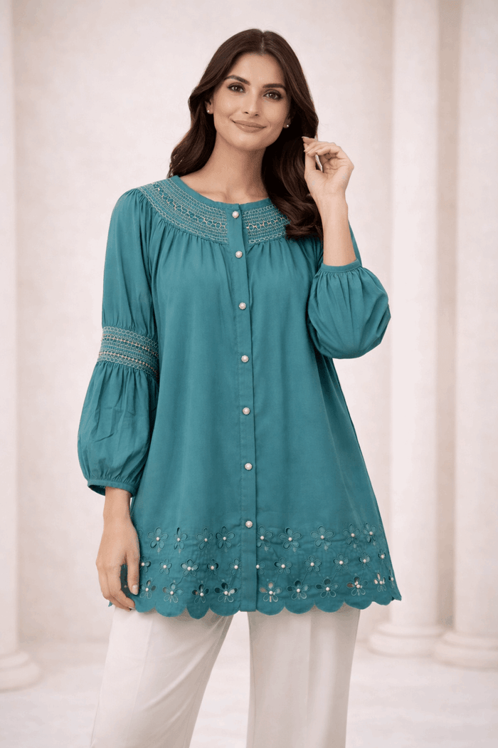 Teal Laser-Cut Embroidered Button-Down Tunic - Nishat Creative Store