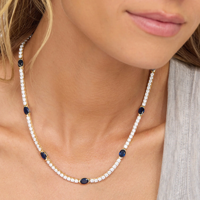 Melinda Maria Maven Tennis Necklace 3mm in gold, 16-inch length, featuring a sleek, elegant tennis chain design.