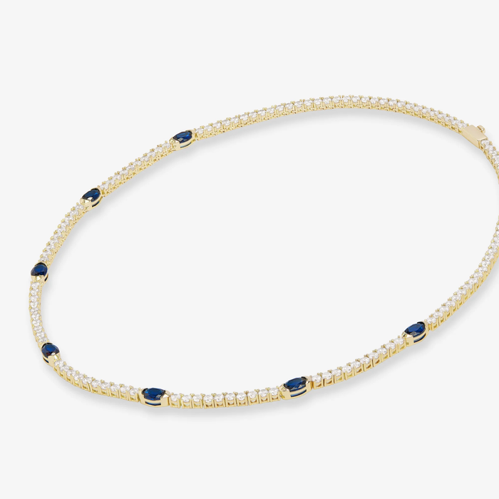 Melinda Maria Maven Tennis Necklace 3mm in gold, 16-inch length, featuring a classic, elegant tennis chain design.