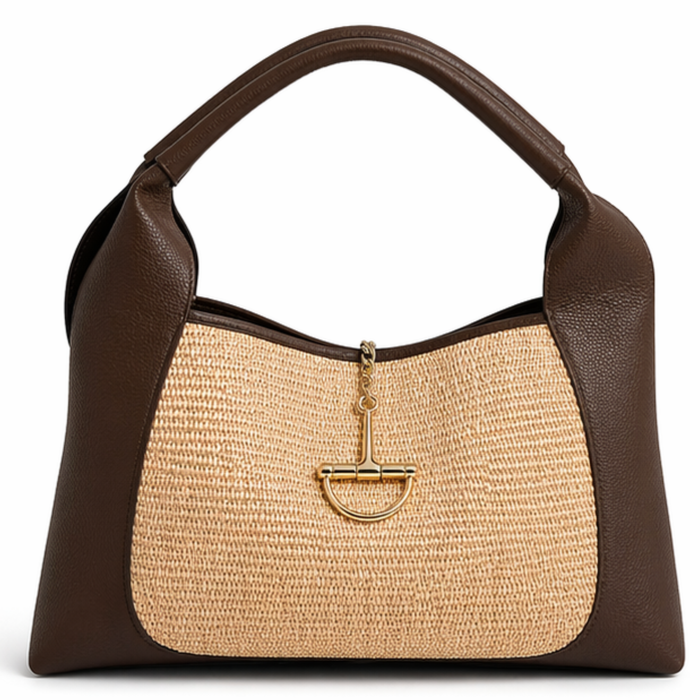 Private label Riviera Tote handbag with tan leather straps and woven body, stylish and spacious for everyday use.