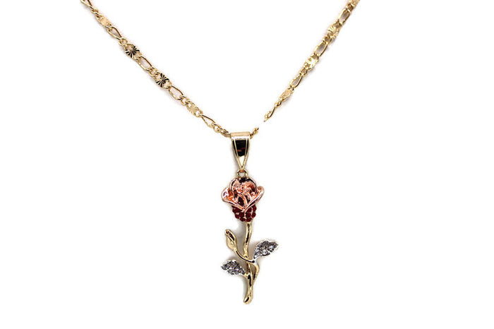Three Tone Rose w/ White and Red Rhinestones Pendant with Necklace (24K Gold Filled)