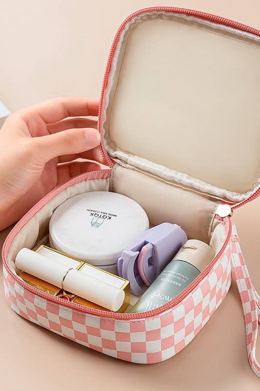 Travel checker makeup cosmetic pouch bag with zipper closure, featuring a stylish design in a private label brand pouch.