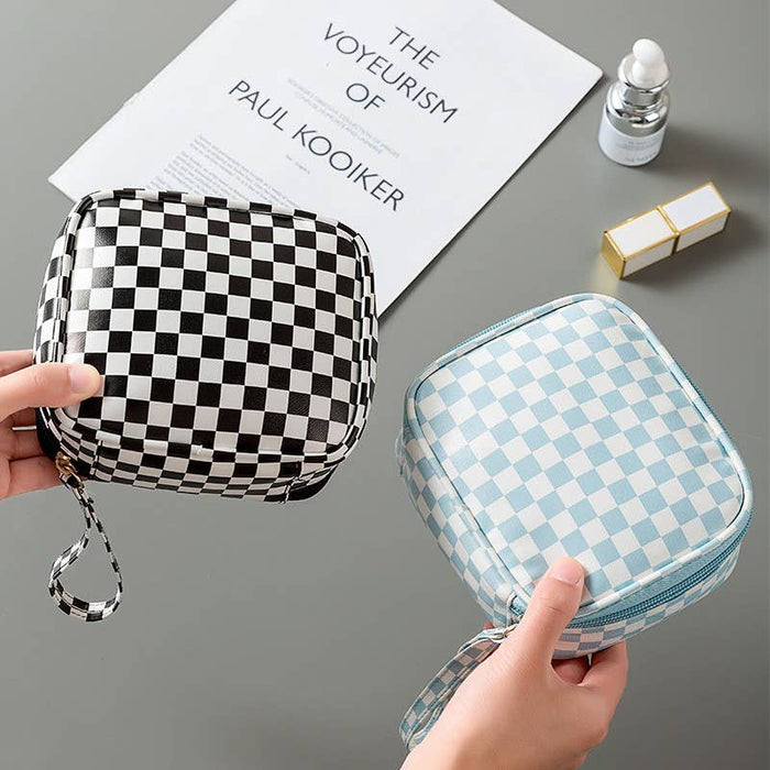 Private label travel checker makeup cosmetic pouch bag with zipper closure, compact storage for beauty essentials