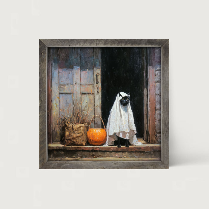 Trick or Treating Pets - Cat at the Door - Framed Art