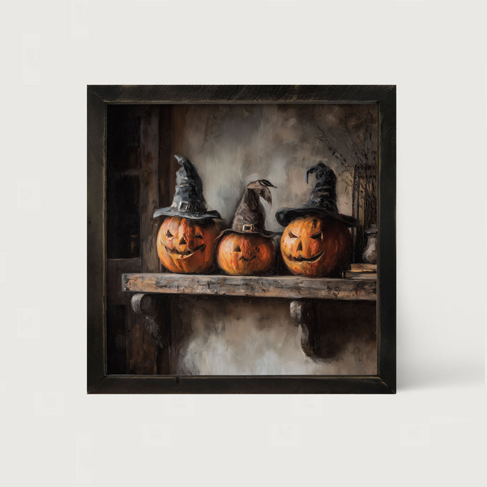 Trio of Jack-o-Lanterns in Witch Hats - Framed Art