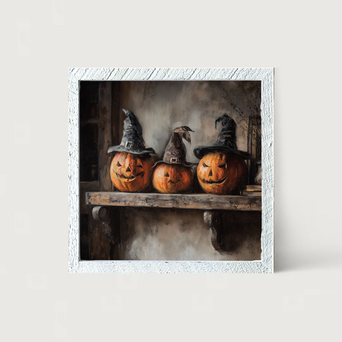Trio of Jack-o-Lanterns in Witch Hats - Framed Art