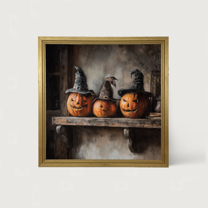 Trio of Jack-o-Lanterns in Witch Hats - Framed Art