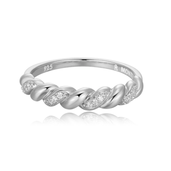 Twist stackable ring in rhodium plated sterling silver by M by Monte Luna, featuring a sleek, modern design.