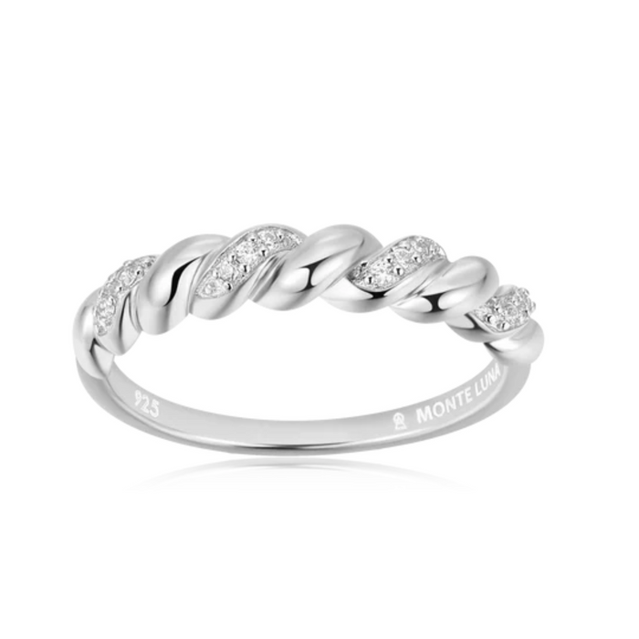 Twist stackable ring in rhodium plated sterling silver by M by Monte Luna, featuring a sleek and modern design.
