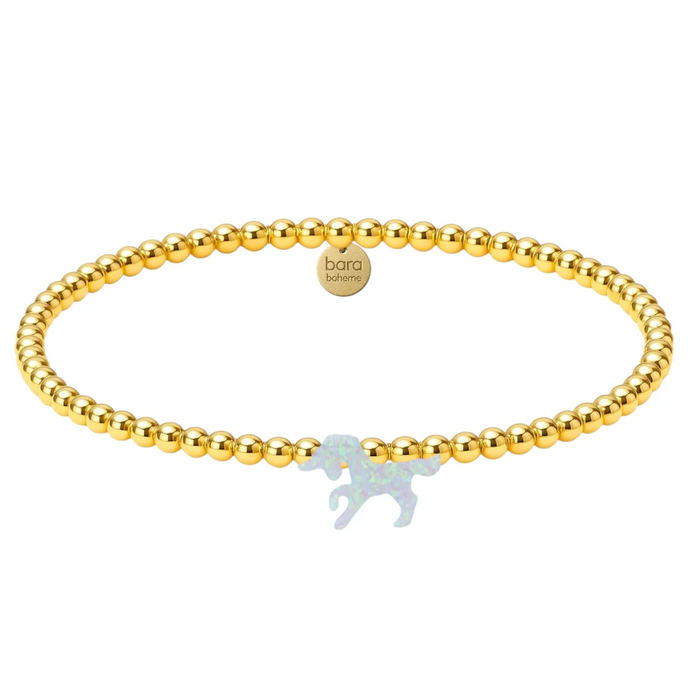 Beaded opal bracelet featuring a unicorn charm by BARA BOHEME, showcasing vibrant colors and intricate design.