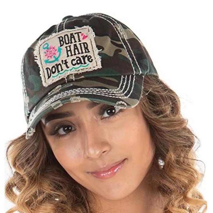 Vintage Funky Junque patch hat in camo with "Boat Hair Don't Care" design on the front.