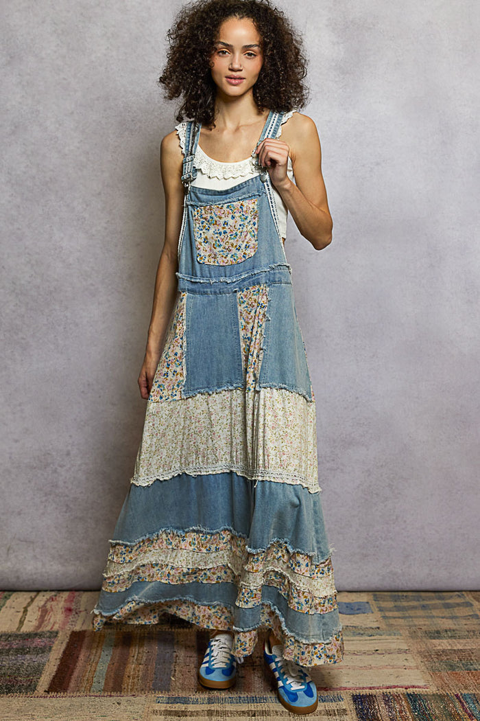 Vintage Washed Front Pocket Floral Contrast Dress