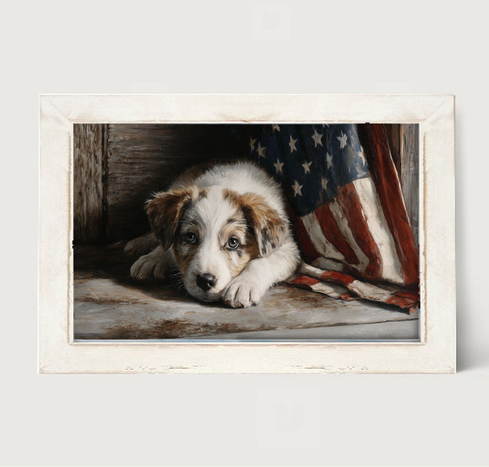 White and Brown Dog Resting near Flag