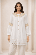 White Laser-Cut Embroidered Button-Down Tunic - Nishat Creative Store