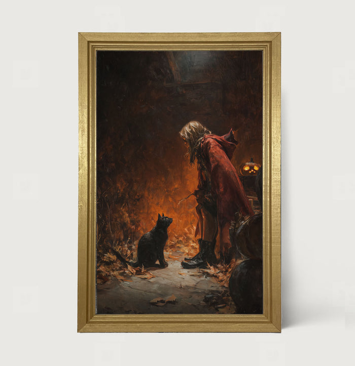 Witch with Black Cat at Night - Framed Art