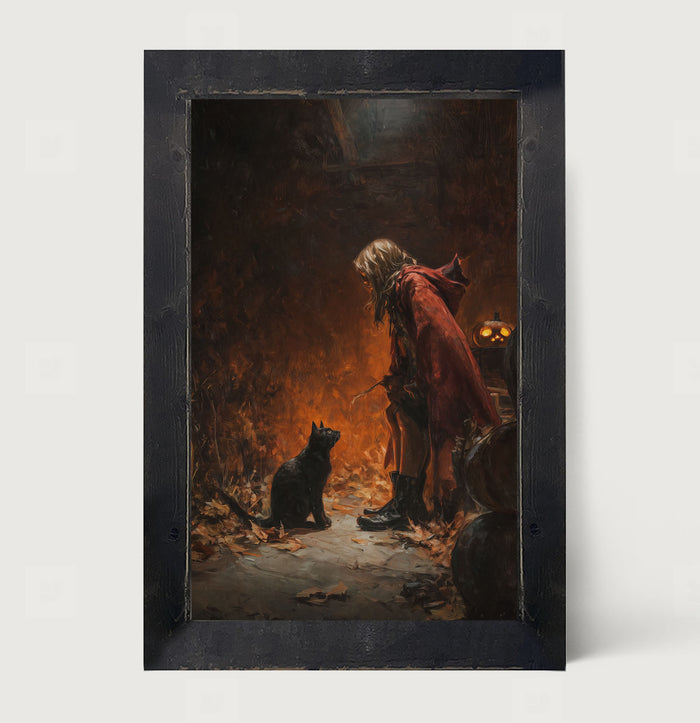 Witch with Black Cat at Night - Framed Art
