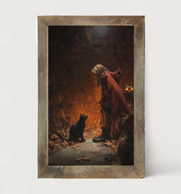 Witch with Black Cat at Night - Framed Art
