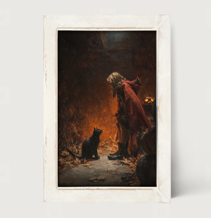 Witch with Black Cat at Night - Framed Art