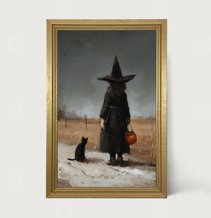 Witch with Black Cat Trick or Treating - Vertical - Framed Art