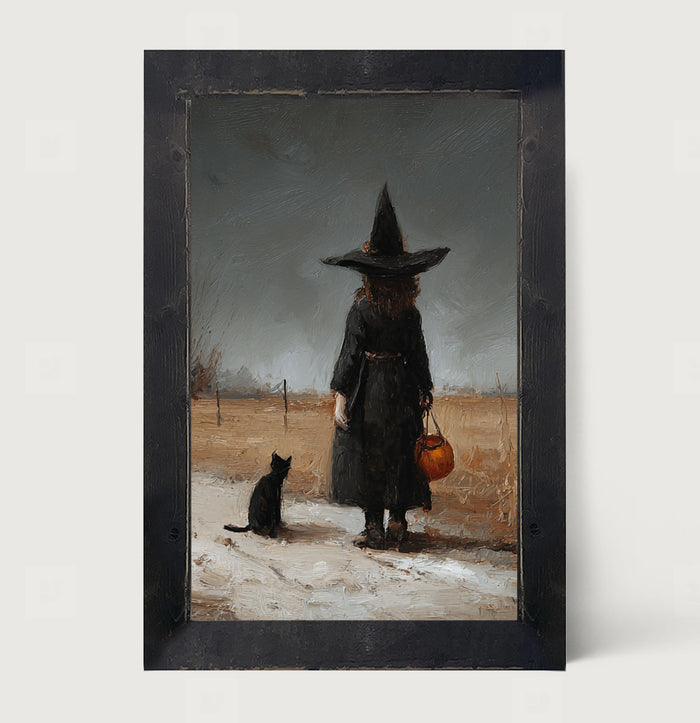 Witch with Black Cat Trick or Treating - Vertical - Framed Art