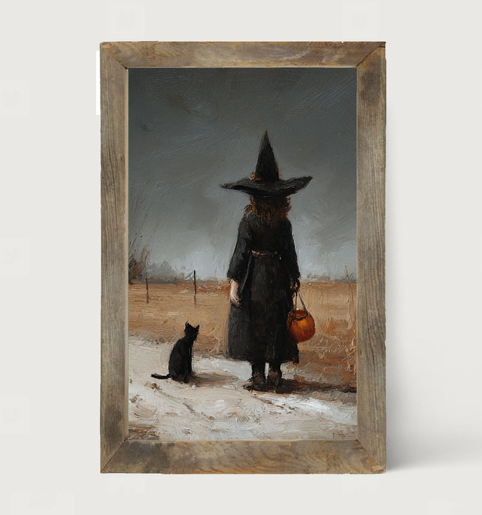 Witch with Black Cat Trick or Treating - Vertical - Framed Art