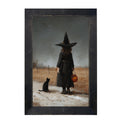 Witch with Black Cat Trick or Treating - Vertical - Framed Art