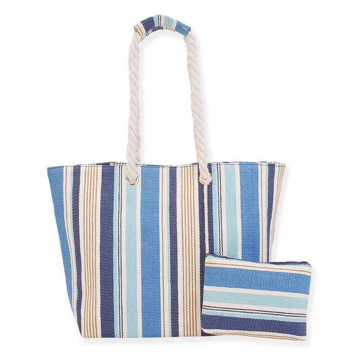 Sun N Sand Y2K striped beach tote bag with colorful woven design and spacious interior for seaside essentials.