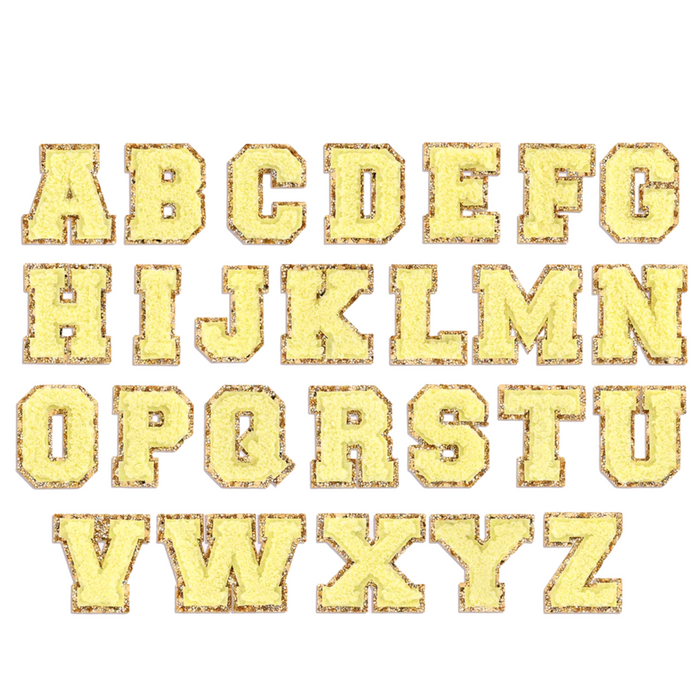 Yellow glitter varsity initial letter sticker patch from Lil Darlings, decorative sticker with vibrant glitter finish and bold letter design.