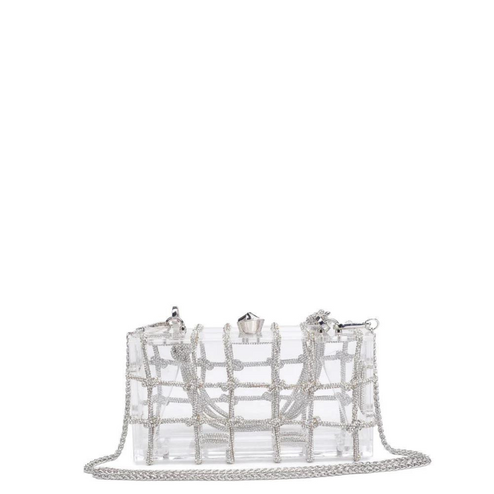Ziggy Evening Bag by Urban Expressions featuring a sleek design with a metallic finish and chain strap.